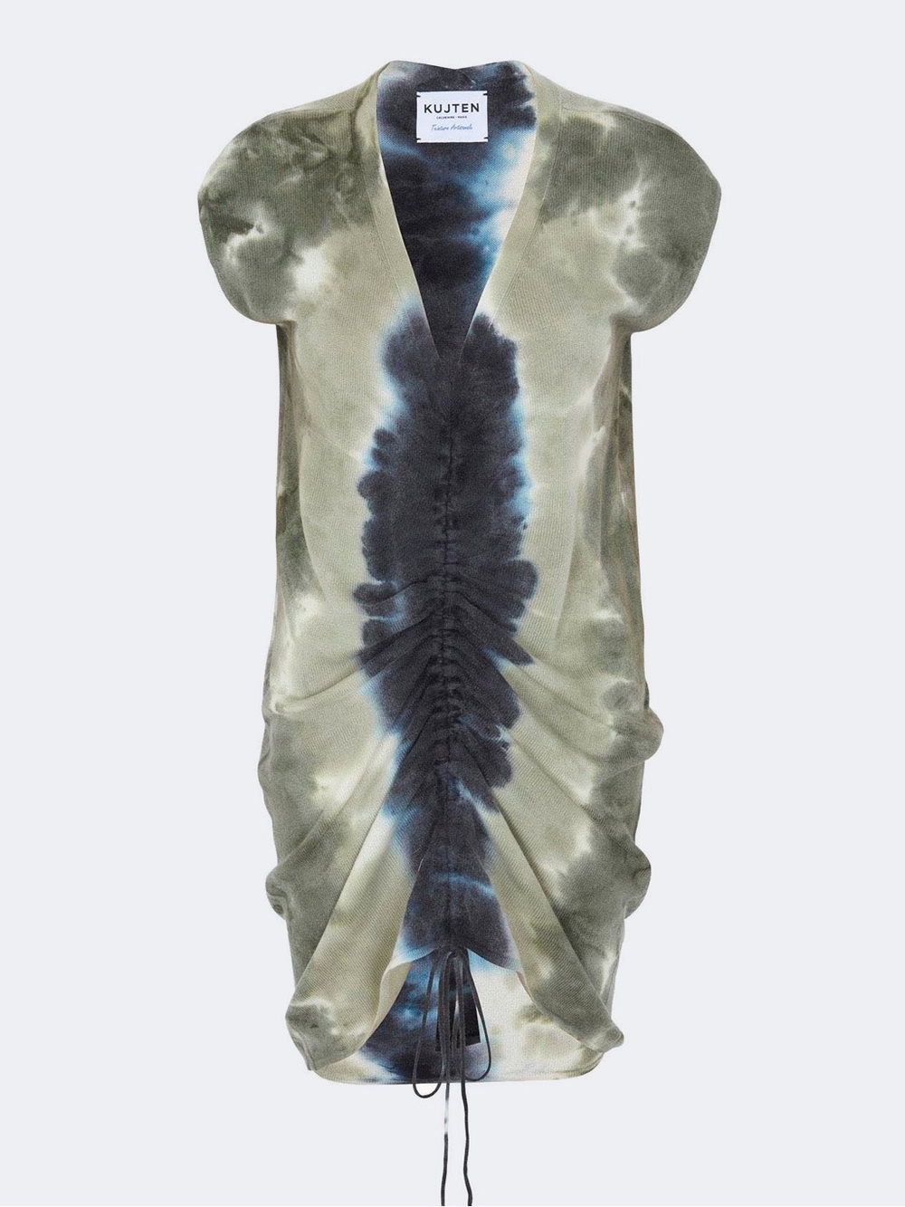 Kujten. Cashmere V-Neck Dress With Drawstring. Green/Blue Tie Dye. Size Small.